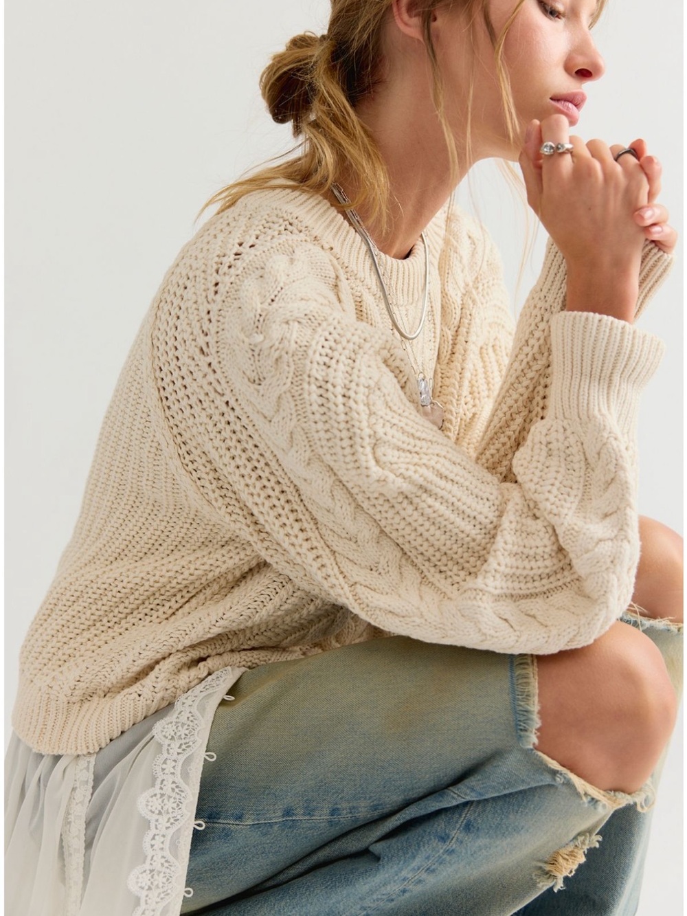 FREE PEOPLE FRANKIE CABLE KNIT SWEATER IVORY